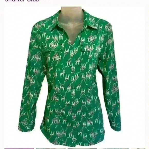 Charter Club ladies blouse NWOT green giraffe print. Never worn. PL long sleeve - Picture 1 of 7